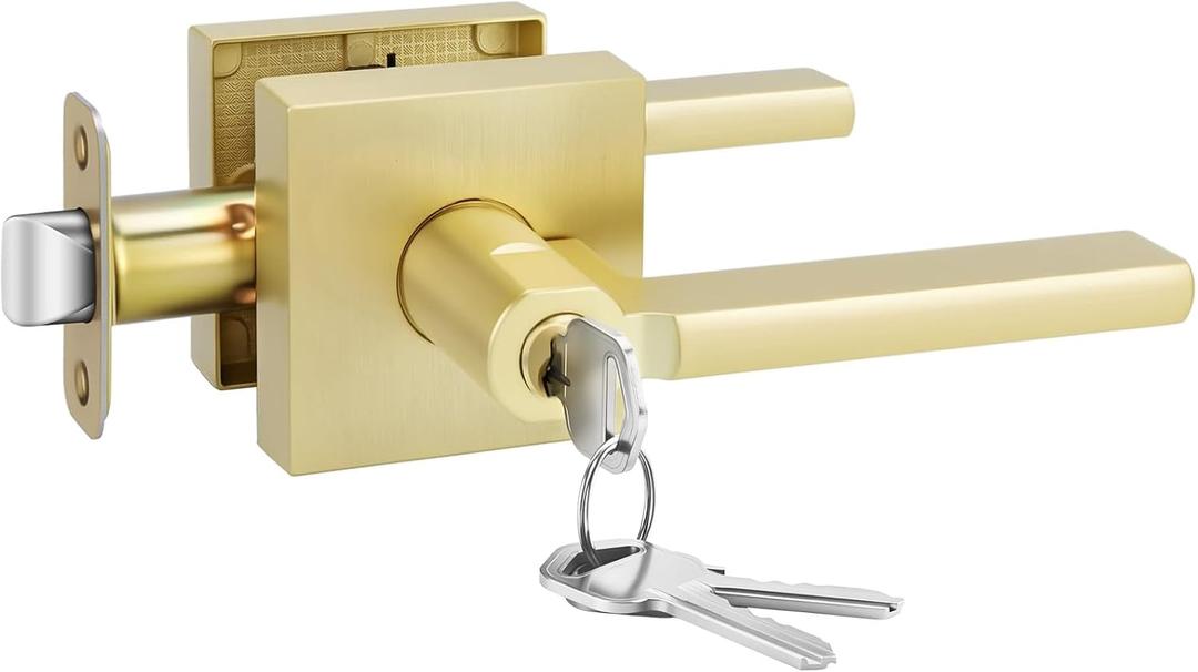 Goldenwarm Entry Door Handle with Lock and Key, Zinc Alloy Heavy Duty Brushed Gold Locking Exterior Door Handle, Keyed Door Lever with Locks and Keys for Bedroom (1 Pack)