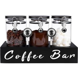 3 x 54 oz Glass Coffee Bean Storage Container with Shelf 3PCS Glass Containers with Airtight Locking Clamp Lid Spoons Coffee Canister Set Jars for Kitchen Food Storage Tea Sugar Black