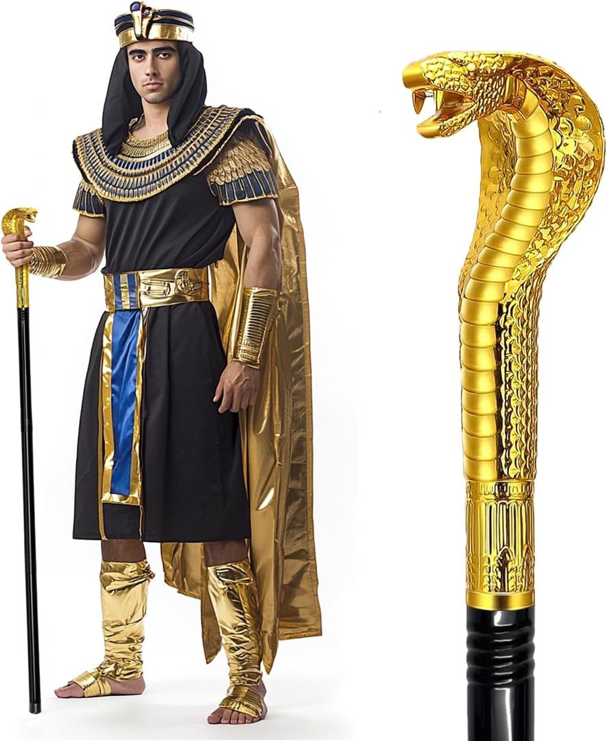42IN Metal Pimp Cane with Snake Plastic Handle, Egyptian Staff for Pharaoh & Cleopatra Costume Mesmerizing Cosplay Prop for Halloween (Vintage Gold)