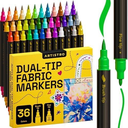 ARTISTRO 36 Dual-Tip Fabric Markers - Fabric Decorating Kit - Permanent for Clothes - No Bleed Pens for T-Shirts, Bags, Textile, Canvas, and More (Brush Tip and Fine Tip)