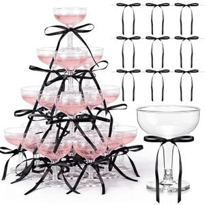 Zopeal 30 Set Disposable Plastic Coupe Glasses With Satin Ribbon Bow 5 oz Acrylic Champagne Tower Cocktail Unbreakable Plastic Martini Margarita Glasses for Birthday Wedding Party Bar (Black)