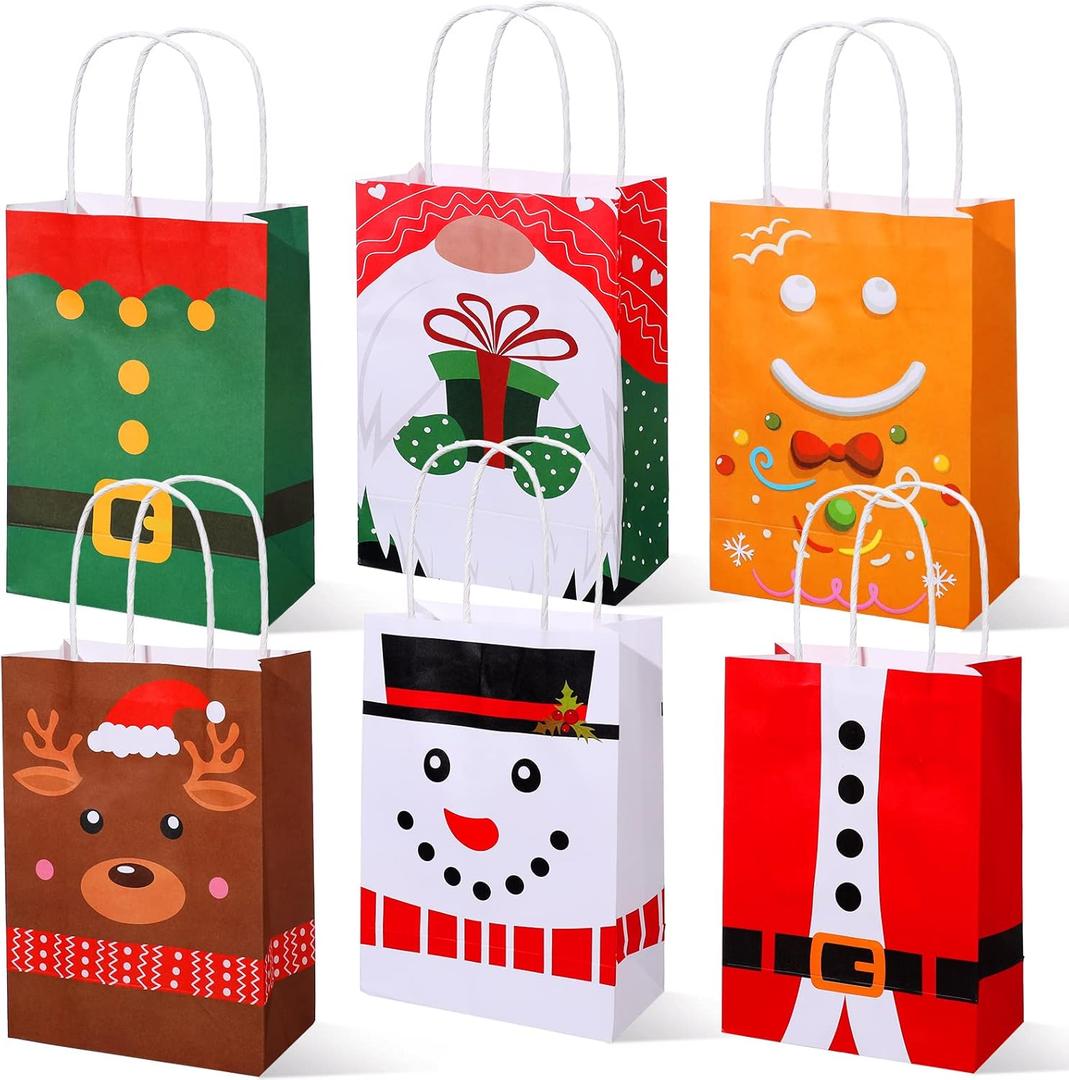 24 Pcs Christmas Bags Christmas Paper Gift Bags with Handles Santa Snowman Elk Gingerbread Gnomes Elf Candy Goody Treat Packet Paper Gift Packets for Xmas Holiday Anniversary, 8.3 x 6 x 3.1 Inch