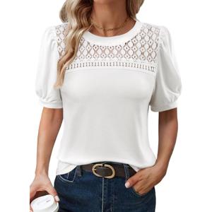 Remidoo Women's Puff Short Sleeve Blouse Eyelet Lace Patchwork Tops Dressy Casual Shirt (White, M)