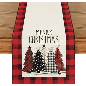 Artoid Mode Watercolor Red and Black Buffalo Plaid Christmas Trees Merry Xmas Table Runner, Seasonal Winter Holiday Kitchen Dining Table Decoration for Indoor Outdoor Home Party Decor 13 x 90 Inch