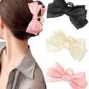 CHLINS 3 Count Bow Claw Clip - Bow Clips for Women in Satin, Nonslip Claw Clips for Thick Thin Hair, Hair Accessory in Black, White, Pink