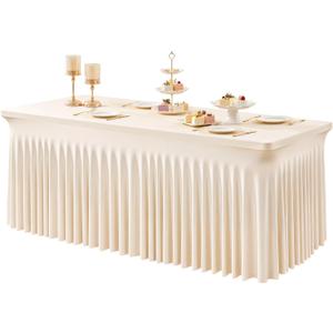 1 Pack Light Champagne Table Clothes for 8 Foot Rectangle Tables, One-Piece Wrinkle Resistant Stretch Spandex Table Covers with Skirt for Event Banquet Wedding Birthday Party (96" x 29" (Rectangular))