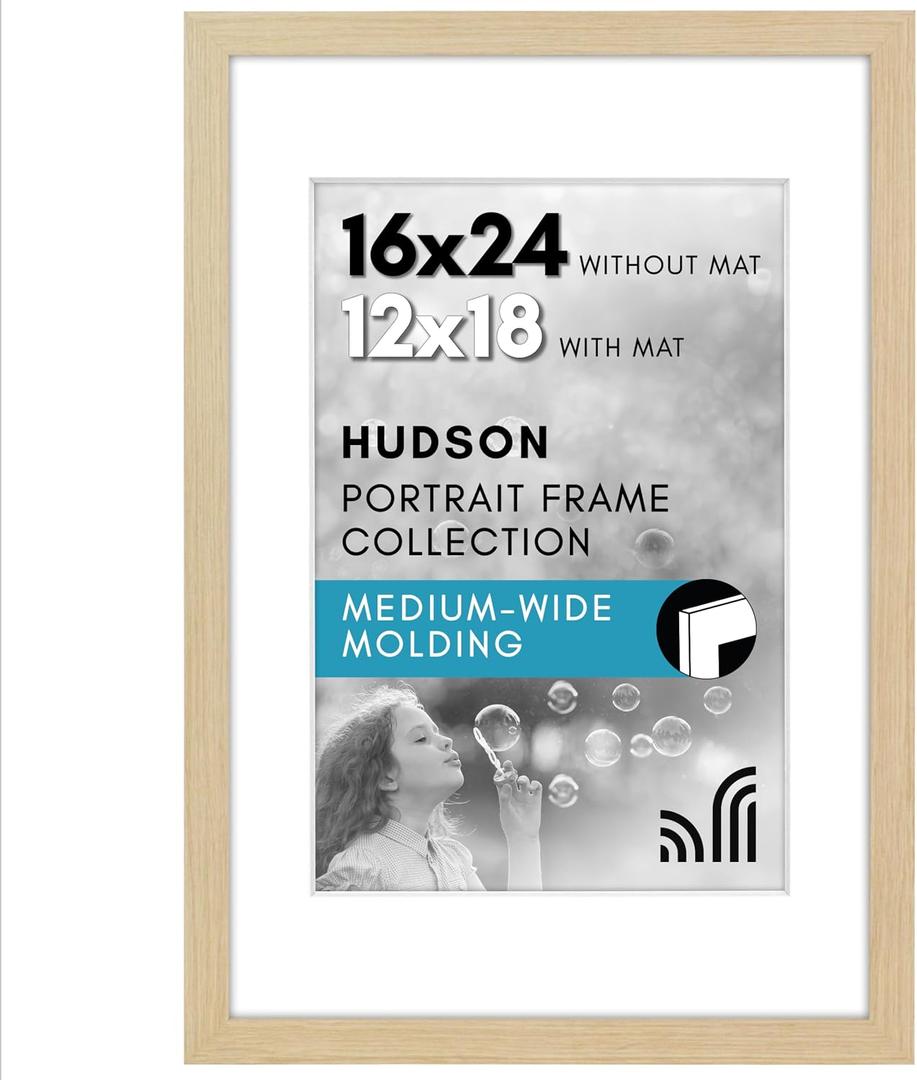 Americanflat 16x24 Poster Frame with Polished Plexiglass - Use as 12x18 Frame with Mat or Display 16x24 Photo Without Mat - Hudson Collection - Wide Picture Frames for Wall Display - Natural Oak