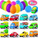 MGparty 12 Pack Prefilled Easter Eggs with Car Toys for Kids Toddlers Bulk Plastic Eggs Pull Back City Truck Vehicles Easter Goodie Bags Stuffers for Toddlers Boys Girls