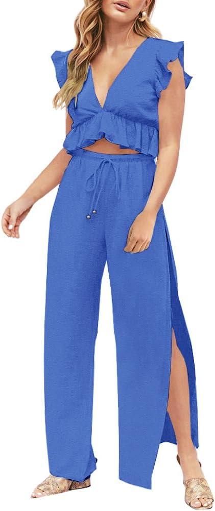 FANCYINN Womens 2 Pieces Outfits Deep V Neck Crop Top Side Slit Drawstring Wide Leg Pants Set Jumpsuits (Small, Dark Blue)