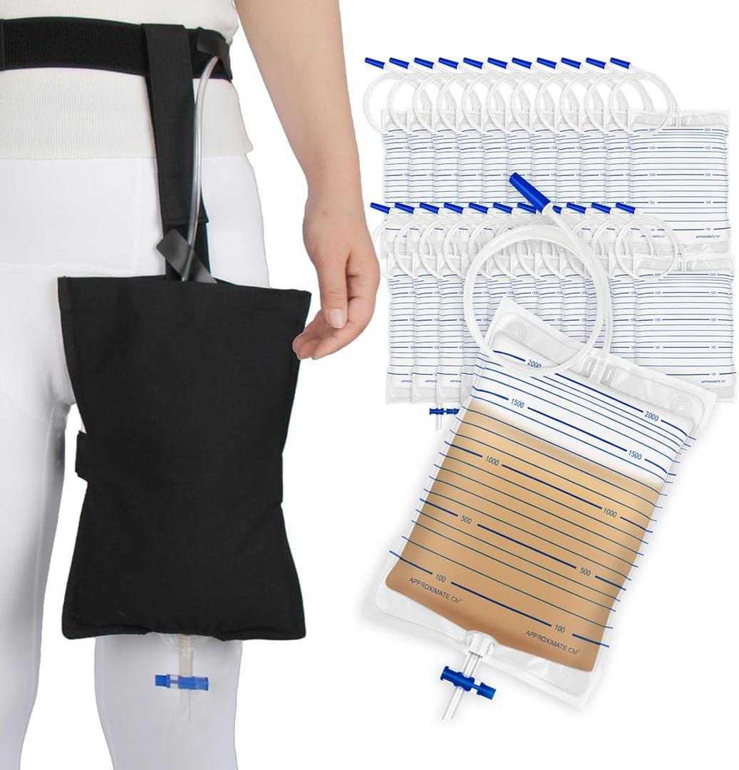 Urinary Drainage Bags Set 20 2000ML Urinary Bags,1 Won't Fall Out Catheter Leg Bag Holder,Catheter Bags with Anti-Reflux Valve and Easy Drain Switch Drain Bags, Portable Incontinence Supplies
