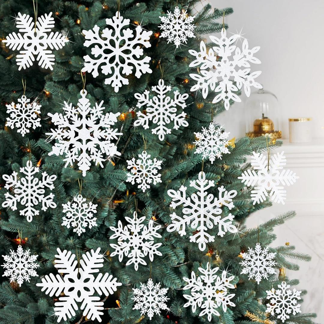 kockuu 72Pcs White Glitter Snowflake Hanging Ornaments for Christmas Tree, Wall, Window & More