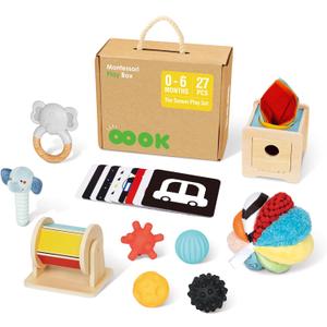 OOOK Montessori Toys 0-6 Months, Montessori Toy Set, 7 in 1 Newborn Baby Toys with Spinning Drum, Tissue Box Toy, Sensory Balls, Contrast Cards and More, Medium