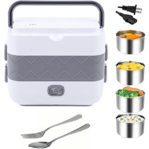 Portable Self Cooking Electric Lunch Box, 2L Mini Rice Cooker, 2 Layers 4 Stainless Steel Steamer Food Insulation Lunch Box for Home Office School Travel Kitchen Cook Raw Food, 110V/250-300W 