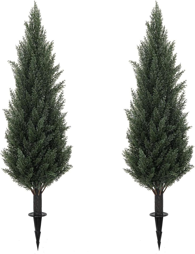 3FT Artificial Cedar Topiary Trees with Ground Spike, UV Resistant Faux Cypress Trees, Set of 2 Faux Plants Artificial Bushes for Indoor Outdoor Front Porch Garden (35 inch)