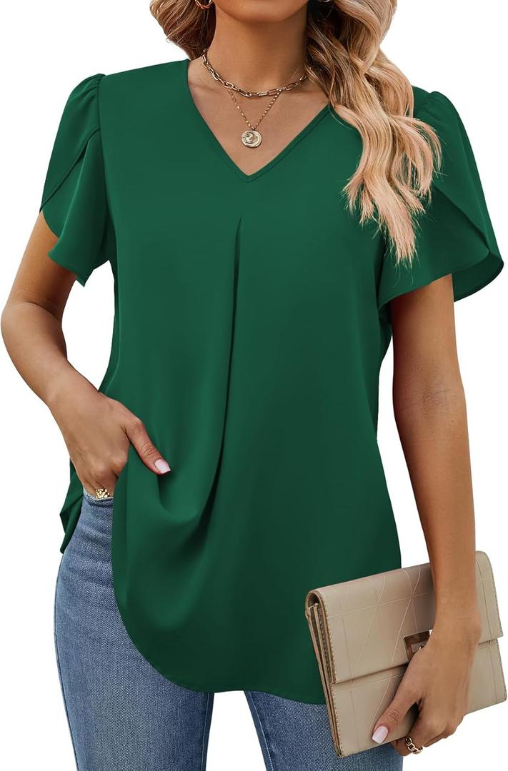 Funlingo Women's Summer Tops Short Sleeve Dressy Chiffon Blouses V Neck Work Tunic Tops Casual Loose T-Shirts (Dark Green)