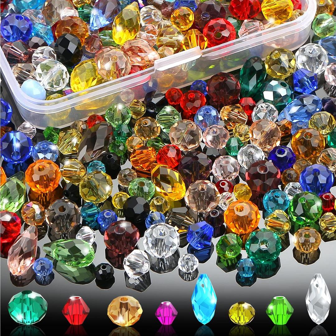 750 Pcs Assorted Crystal Glass Beads for Jewelry Making, Colorful Faceted Rondelle and Briolette Diamond Crystal Spacer Beads Teardrop Charms
