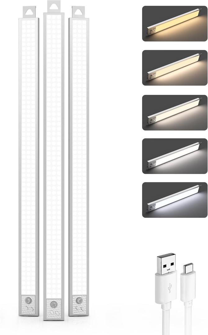 24 Inch Under Cabinet Lighting, 3Pack 5CCT Dimmable Closet Lights, Wireless Motion Sensor LED Lights of Battery Operated,Rechargeable Under Counter Light for Kitchen, Stairs, Bedroom, Wardrobe