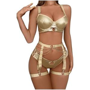 SOLY HUX Women's 3 Piece Lingerie Sets Metallic PU Leather Underwire Garter Belts Lingerie Bra and Panty Set, Large