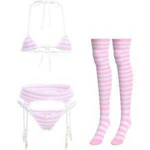 ABAFIP Women Cute Kawaii Anime Lingerie set Halter Strap Micro Bra Tiny Panty Garter Belt Striped Stockings 4Pcs Underwear Pink, One Size