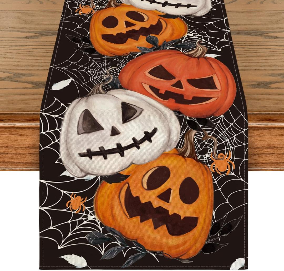 Artoid Mode Black Pumpkins Spider Web Halloween Table Runner, Seasonal Fall Kitchen Dining Table Decoration for Home Party Decor 13x90 Inch