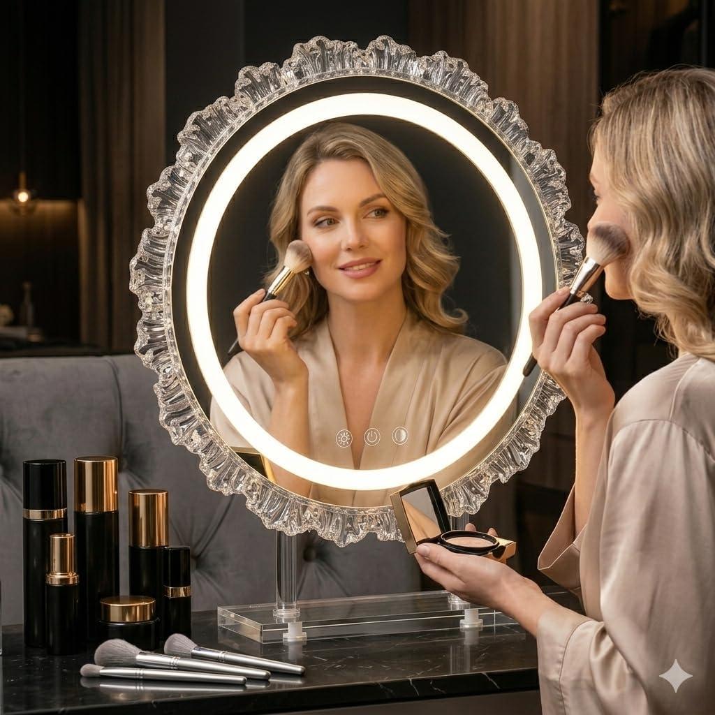 16" Hollywood Round Vanity Mirror with Lights, 3-Color LED Light Modes, Dimmable Makeup Mirror with Smart Tap Panel, 360 Rotating Lighted Mirror for Dressing Table