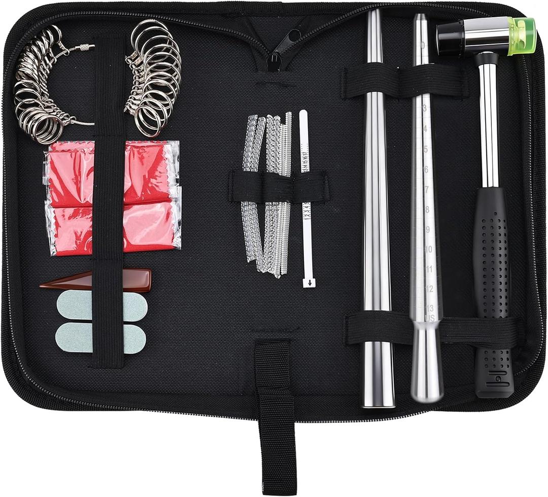 Artilife Ring Sizer Measuring Tool, Steel Ring Sizer Mandrel for Ring Making, Plastic Ring Sizer Belt, Ring Straightening Tool Ring Size Adjuster for Loose Rings with Handbag (Metal-17pcs)