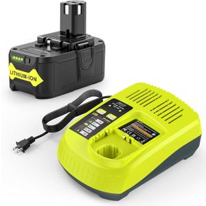 Upgraded P117 21V 3A USB Rapid Charger + 6.0Ah 18V RB18L50 Lithium Battery Combo for RYOBI P108 P102 P104 High Capacity Cordless Tool Batteries
