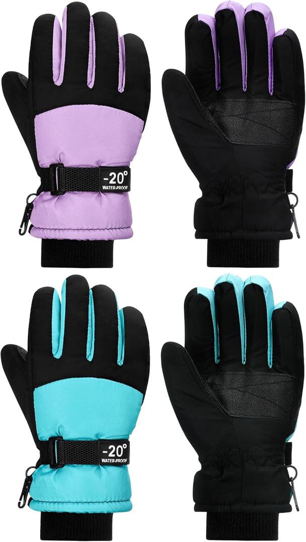 SATINIOR 2 Pairs Kids Waterproof Winter Snow Gloves Ski Gloves for Boy Girl Outdoor Warm Thickening Snowboar (3-6 Years, Light Purple, Cyan)