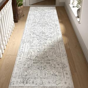 jinchan Lima Hallway Runner Rug 2x8 Washable - Vintage Floral Non Slip Low-Pile Soft Ultra-Thin Faux Wool Kitchen Rug Distressed Carpet Runner for Farmhouse Bedroom Laundry (2x8ft, Grey)