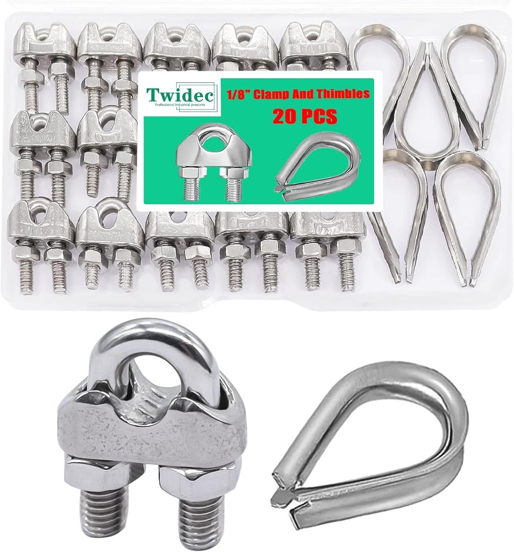 Twidec/20PCS 304 Stainless Steel 1/8" Wire Rope Cable Clip Clamp And Stainless Steel Thimbles For Wire Rope Rigging Tent Rope Guardrail System