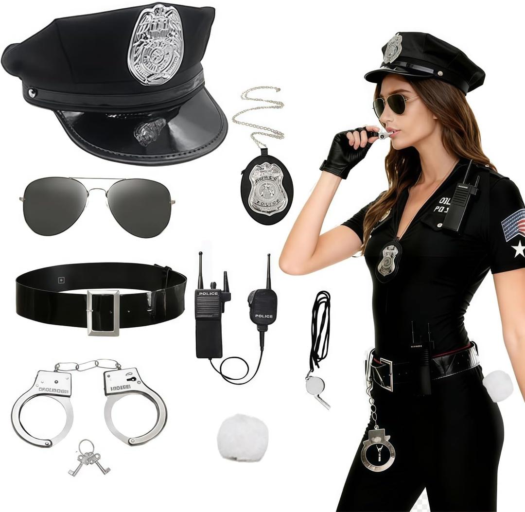 8pcs Police Costume Accessories Women Hat Handcuffs Sunglass Badge Cop Swat Cosplay