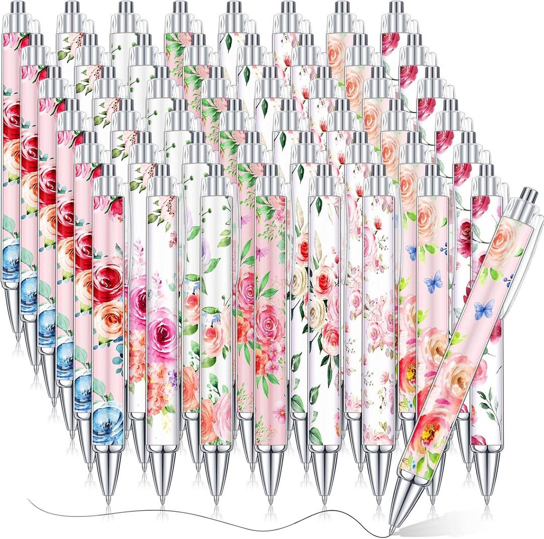 Cholemy 48 Pieces Flower Pens Bulk Spring Floral Ballpoint Pens Colorful Floral Retractable Black Ink for Women Spring Flower Writing Journaling Gifts Office Supplies