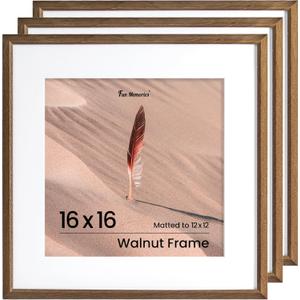 Fun Memories 16x16 Oak Picture Frame, 16x16 Matted Frame For 12x12 Picture, Square Wood Frame for Vertical and Horizontal Display on Wall and Table (Walnut, 3 Pack)