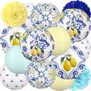 15PCS Lemon Paper Lanterns Party Decorations: Amalfi Coast Capri Yellow Blue Tiles Mediterranean Hanging Decor for Bridal Shower Birthday Wedding Supplies