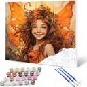 Angel Girl Butterfly Paint By Bumbers for Adults Beginner Cute Girl with Wreath DIY Paint by Numbers Acrylic Paint Canvas Orange Flower Bedroom Painting Kits Art 16x20 Inch Without Frame