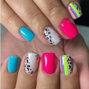 Pack of 4 UCCASA 24PCS Press-on Nails Short Square Colorful Fake Nails Glossy ABS Material Modern Design Pink Blue Leopard Print Half Well Tips False Nails (1 Set of 24 Fl Oz)