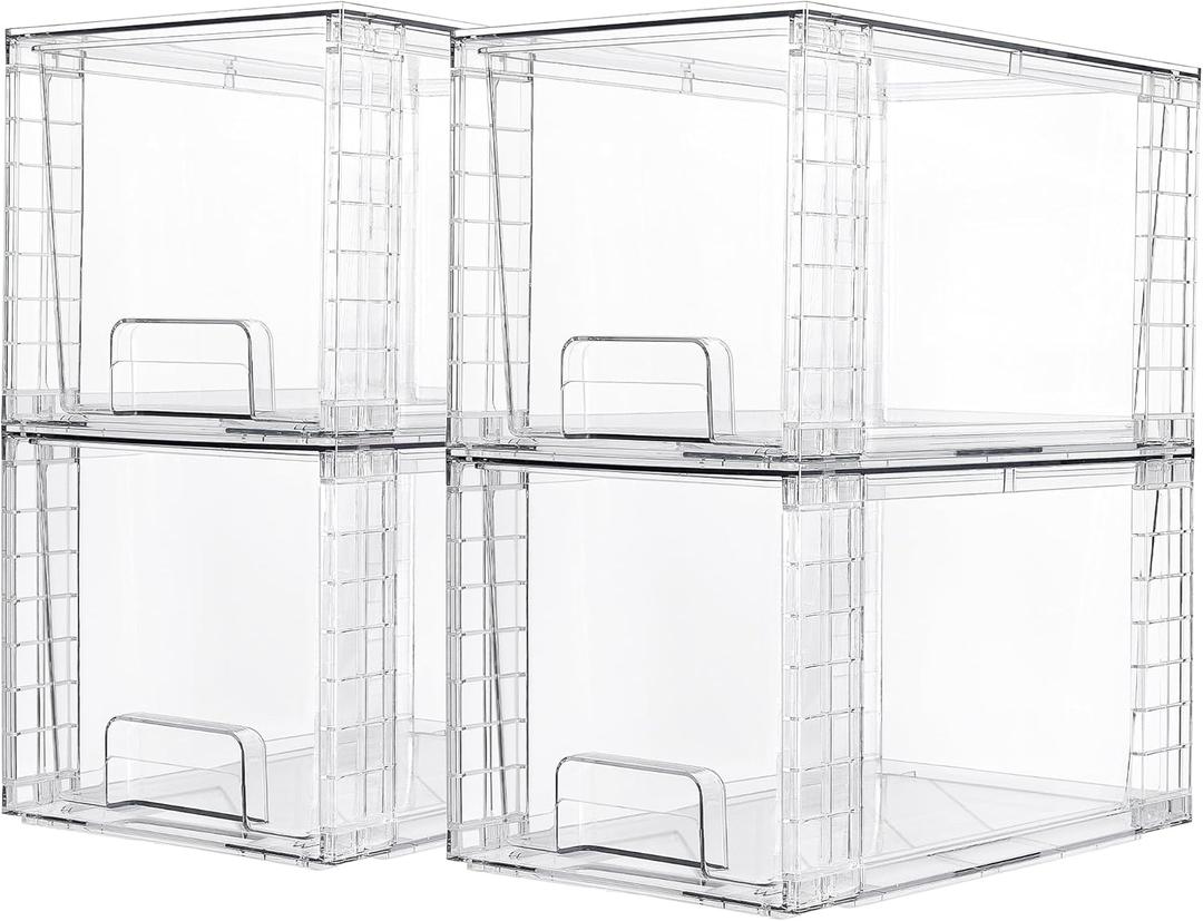 Vtopmart 4 Pack Large Stackable Storage Drawers,Easily Assemble Acrylic Bathroom Closet Undersink Organizers and Storage,Plastic Bins for Kitchen Cabinets,Pantry,Makeup,Medicine Organization