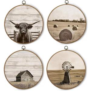 BitKAM Vintage Farmhouse Western Cow Round Wall Art Decor, Rustic Country Canvas Prints Framed, Retro Western Prints Wall Hanging Decorations for Home Bedroom, 10x10 Inch Wall Sculptures Set of 4