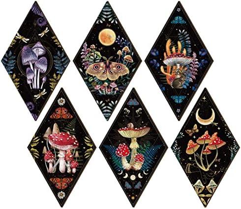 Sintuff 6 Pieces Mushroom Wall Decor Gift Vintage Aesthetic Boho Wall Art for Home 11.8inch Wooden Moon Gothic Minimalist Wall Hanging for Bathroom Bedroom Living Room (2 Pack)
