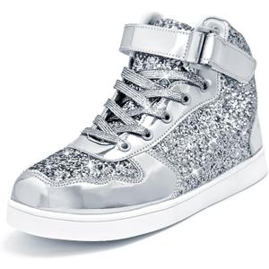 Wooowyet Glitter Shoes Kids High Top Sneakers for Boys Girls Gift Party Birthday Christmas Halloween, 32, Glitter Silver