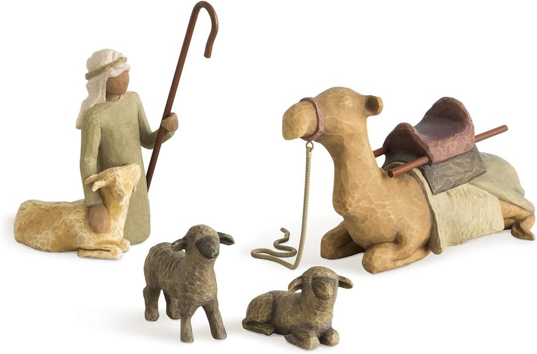 Willow Tree Shepherd and Stable Animals, Surrounding New Life with Love and Warmth, Build a Holiday Tradition with Classic Nativity Set, 4 Sculpted Hand-Painted Figures: Sheep, Camel, Shepherd, Goat
