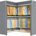 ULIFHOME E15C Pro Garment Rack L Shaped Clothes Rack for Corner，Freestanding Clothing Racks for Hanging Clothes，Heavy Duty Closet System 48.8"W x 15.8"D x 78.4"H，White Rack with Grey Dustproof Cover