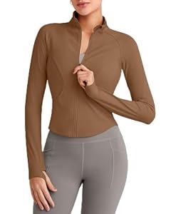 G4Free Women's Athletic Basic Jacket Full Zip Up Workout Jackets Long Sleeve with Pockets(Dark Coffee, L)