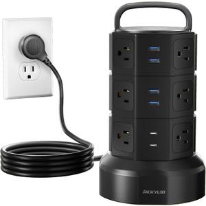 Power Strip Tower Surge Protector, JACKYLED 1625W 13A Outlet Surge Electric Tower, 12 Outlets 6 USB Ports Charging Station with 16AWG 6.5ft Heavy Duty Extension Cord for Home Office Dorm Black