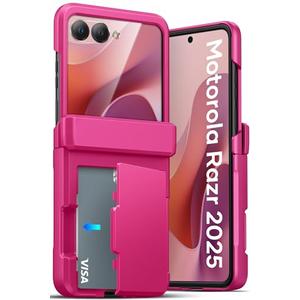 ATATOO for Motorola Razr 2025 Wallet Case with Card Holder (3 Cards) & Hinge Protection & HD Screen Protector, Military Grade Protection, Women Men Cute Phone Cover for Moto Razr 2025, Hot Pink