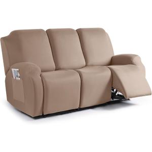 TAOCOCO Recliner Sofa Slipcover, 3 Pieces Polyester Fabric Stretch Sofa Covers for 3 Seat Reclining Couch, Soft Washable Furniture Protector with Pockets (3 Seat, Khaki)