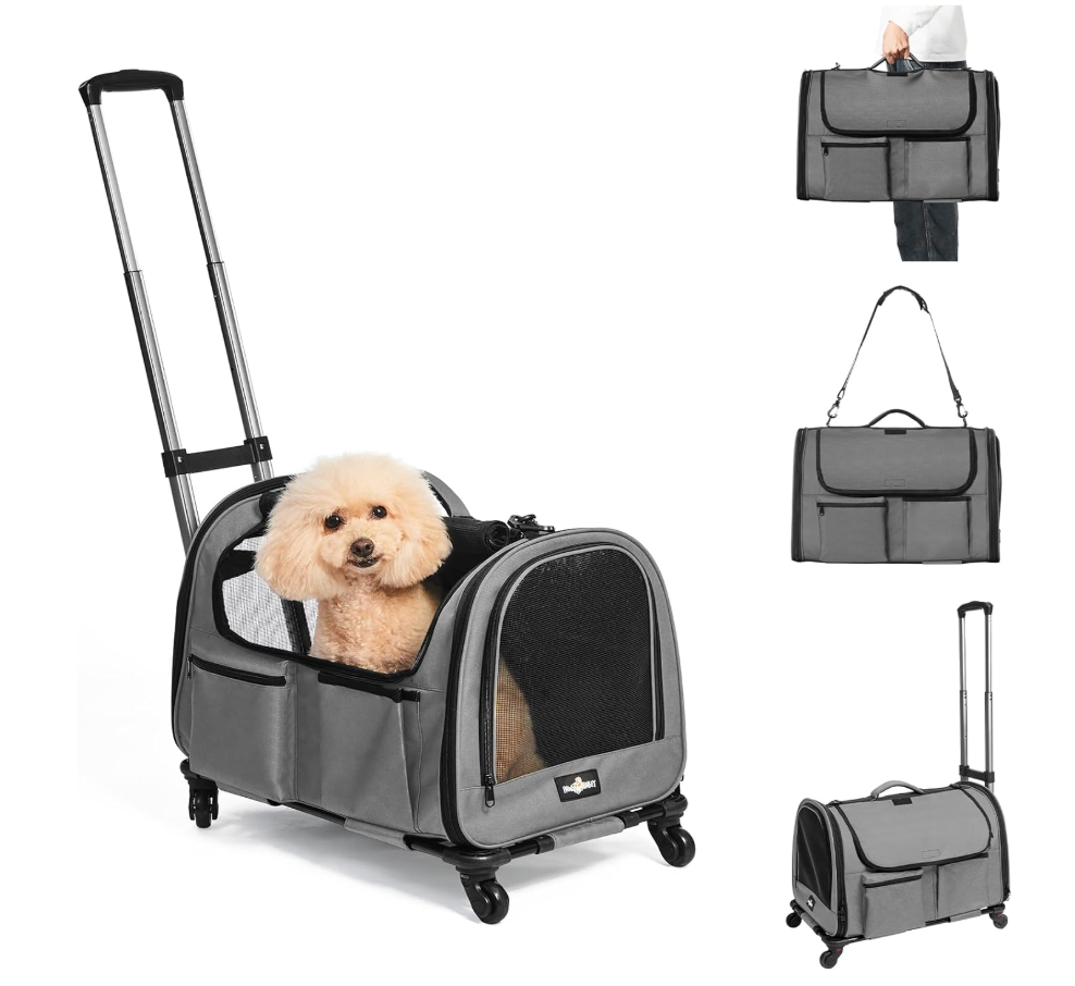 Large Pet Carrier with Wheels, Foldable Rolling Dog Carrier with Big Pocket, Cat Rolling Bag 21"x13"x13" for 2 Cats &Dogs, for Travel, Outdoor, Vet Visits, Camping, Indoor. Gray. (Not for Airline)