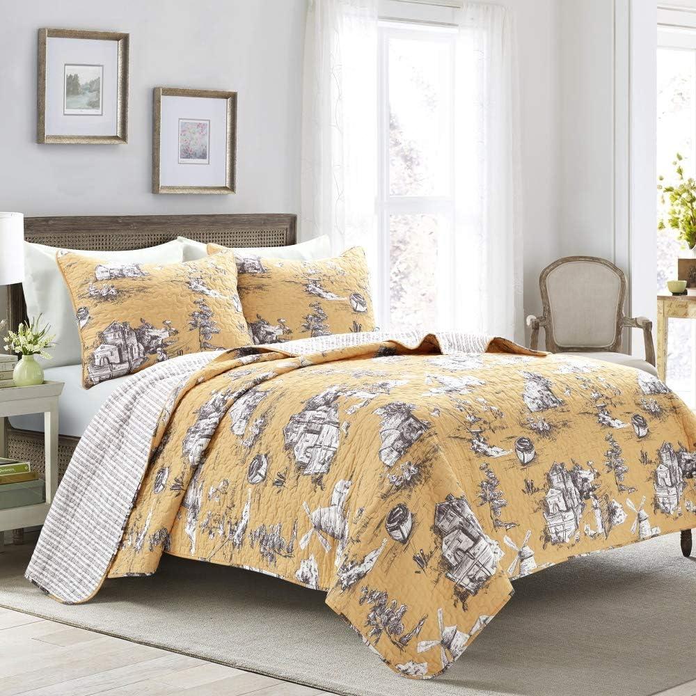 Lush Decor French Country Toile Reversible Cotton Quilt King Size 3 Piece Set Yellow & Gray - Vintage Bedding Set King Quilt - Yellow Quilts