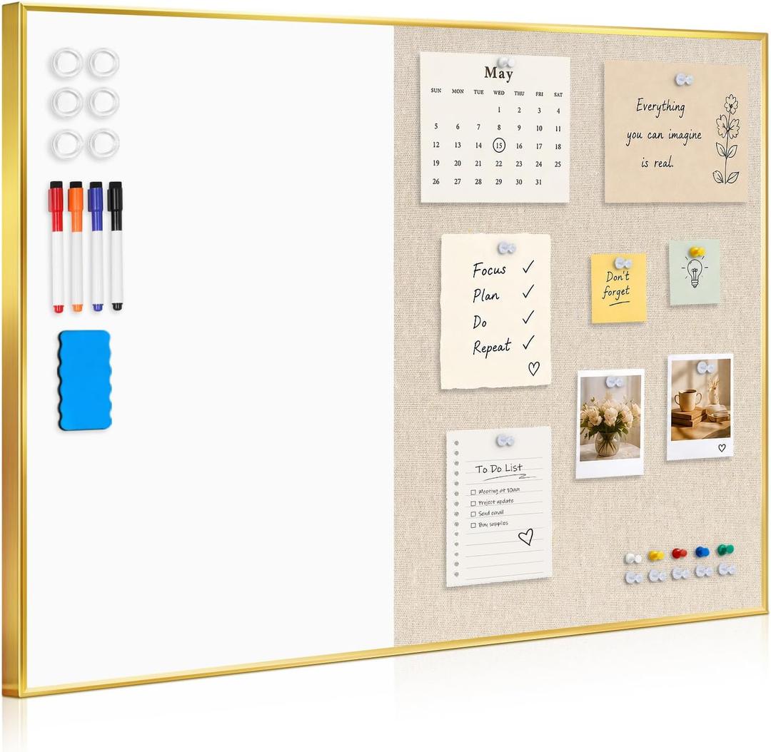 Whiteboard Bulletin Board Combo, 36"x24" Dry Erase Linen Cork Board