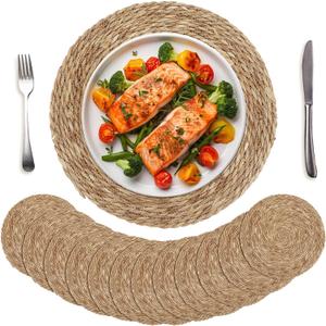 Kochorie Set of 12 Round Woven Placemats 15 Inch Bulrush Placemats Natural Handwoven Boho Rattan Wicker Table Mats for Farmhouse & Home Dining